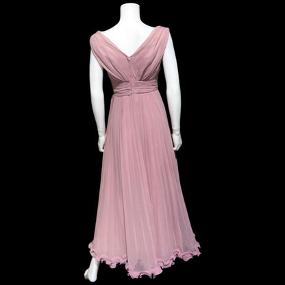 1960s vintage evening gown dress, dusty orchid pleated chiffon cocktail party dress