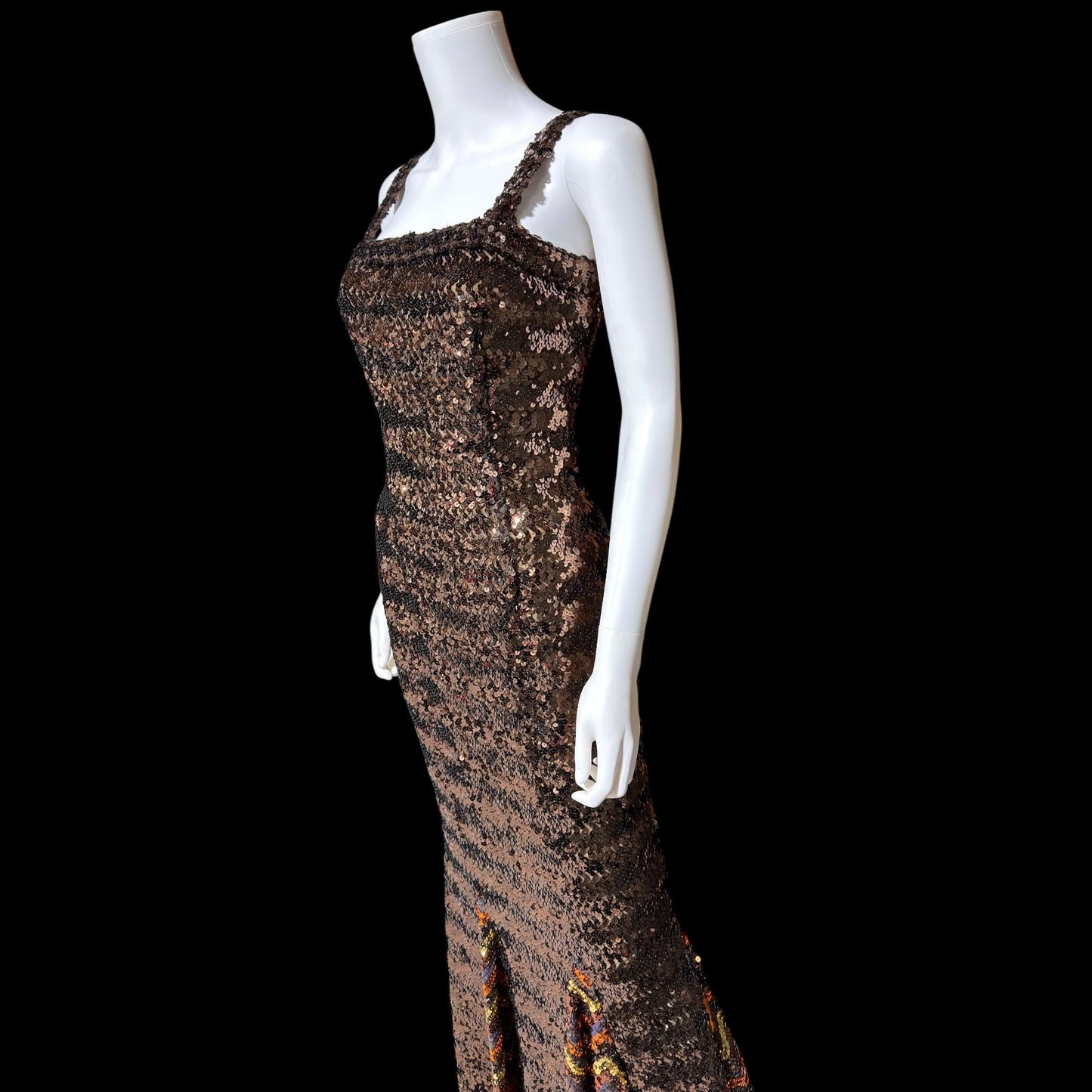 LILLI DIAMOND vintage designer evening dress gown, 1960s Brown sequin bodycon mermaid dress