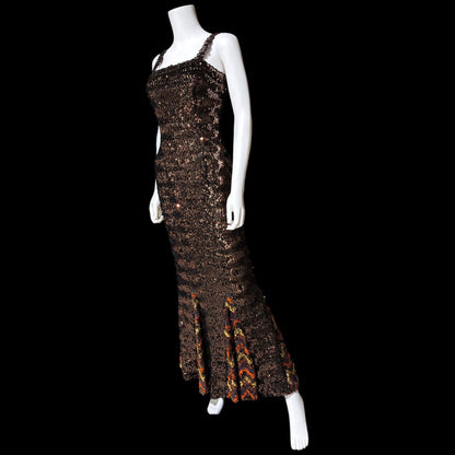 LILLI DIAMOND vintage designer evening dress gown, 1960s Brown sequin bodycon mermaid dress
