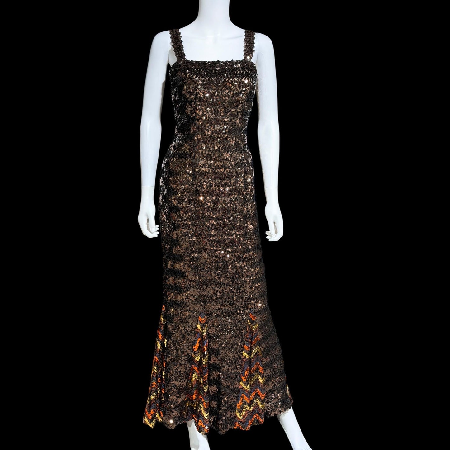 LILLI DIAMOND vintage designer evening dress gown, 1960s Brown sequin bodycon mermaid dress