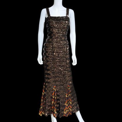LILLI DIAMOND vintage designer evening dress gown, 1960s Brown sequin bodycon mermaid dress