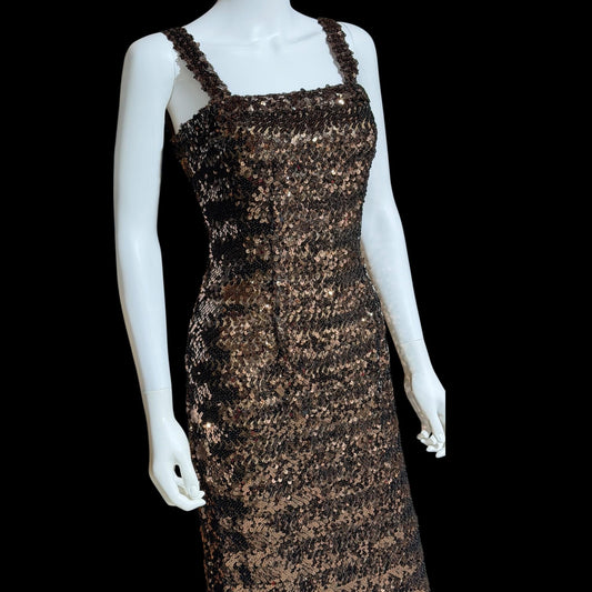 LILLI DIAMOND vintage designer evening dress gown, 1960s Brown sequin bodycon mermaid dress
