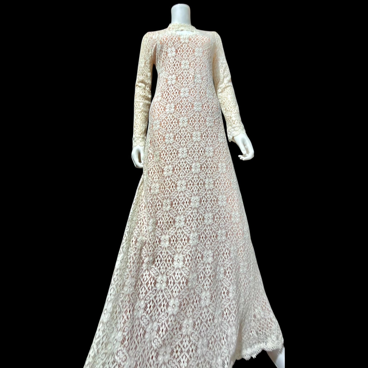 I MAGNIN vintage 1970s crochet maxi dress, Rebecca white cotton lace boho wedding dress