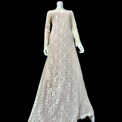 I MAGNIN vintage 1970s crochet maxi dress, Rebecca white cotton lace boho wedding dress