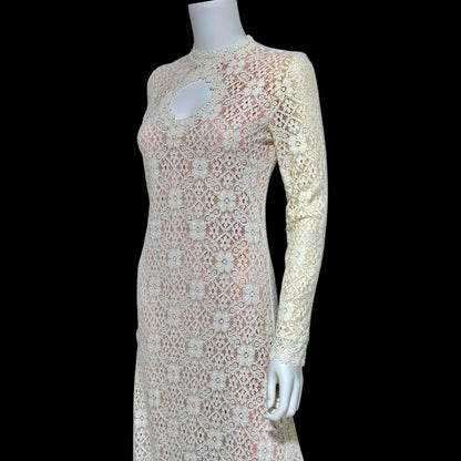 I MAGNIN vintage 1970s crochet maxi dress, Rebecca white cotton lace boho wedding dress