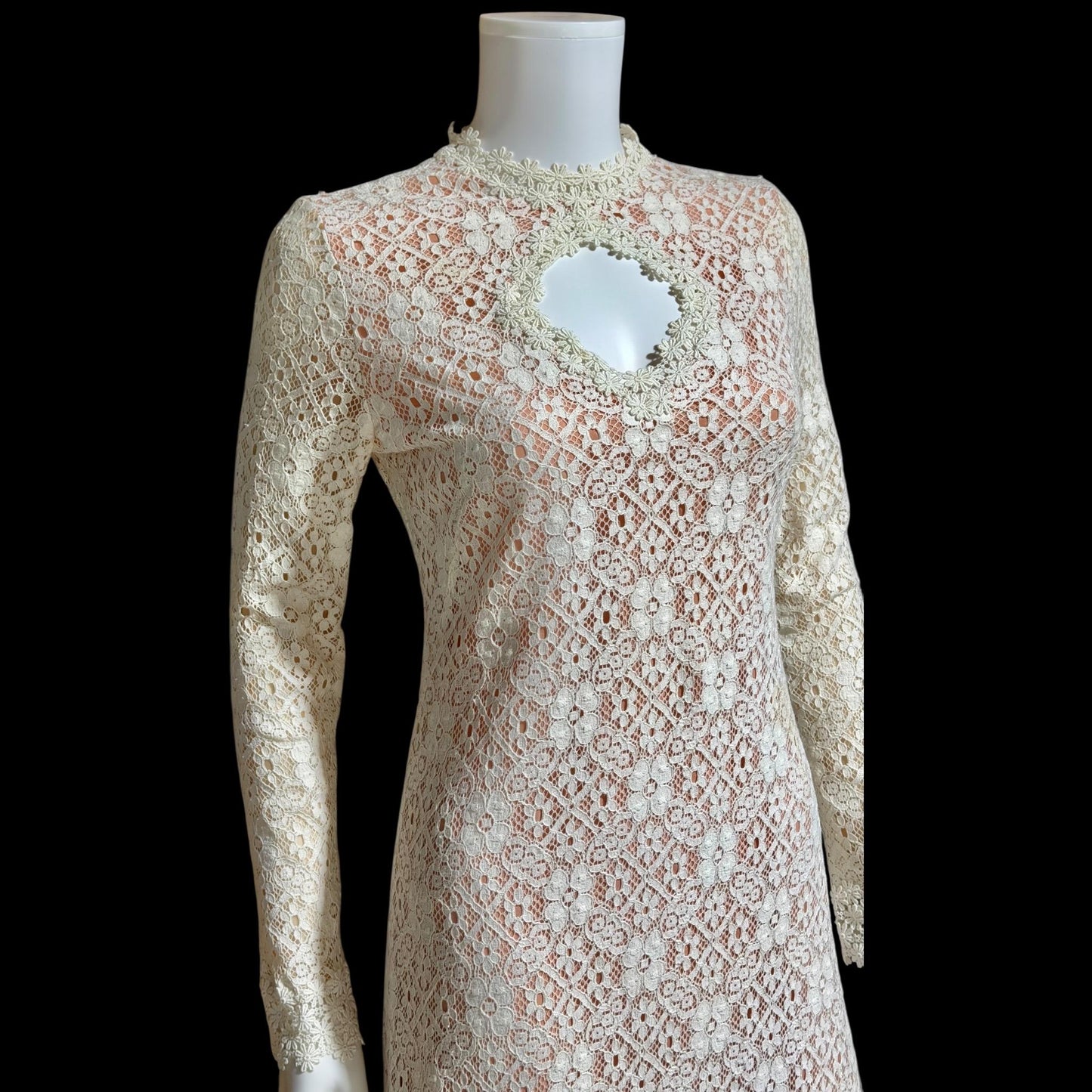 I MAGNIN vintage 1970s crochet maxi dress, Rebecca white cotton lace boho wedding dress