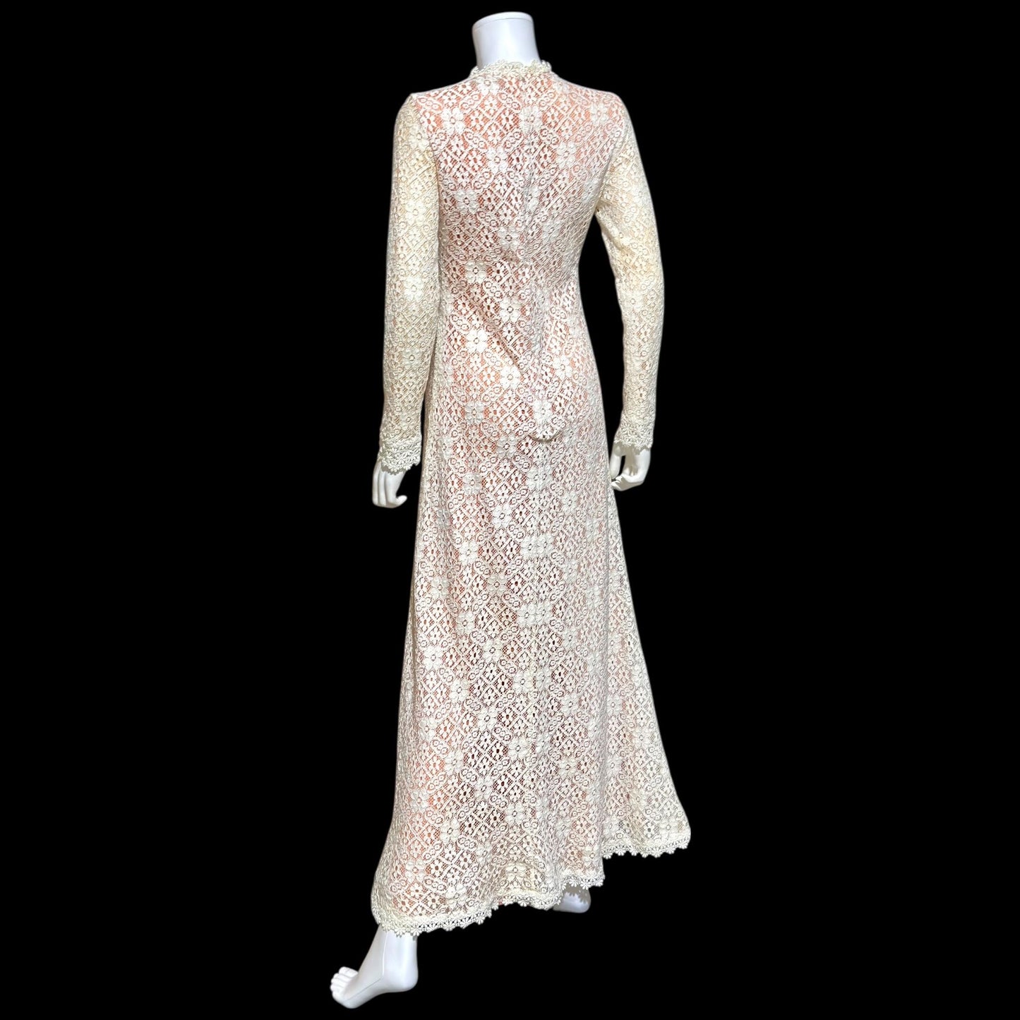 I MAGNIN vintage 1970s crochet maxi dress, Rebecca white cotton lace boho wedding dress
