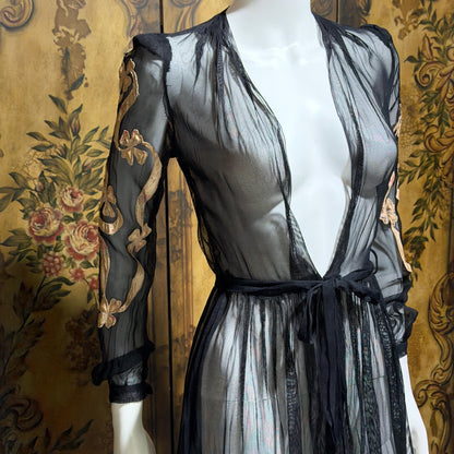 1930s Vintage dressing gown robe, Sheer black mesh lingerie housecoat