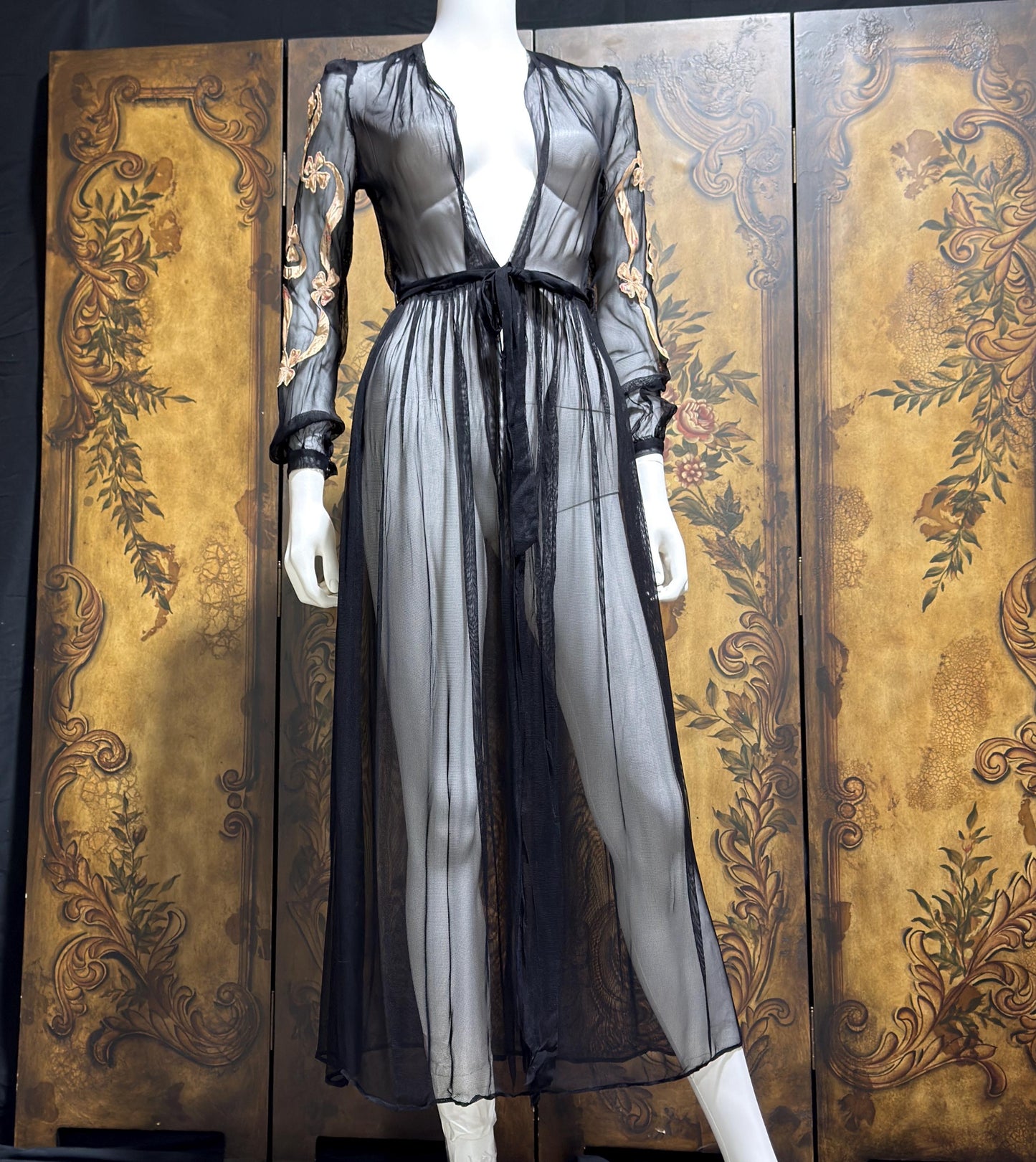 1930s Vintage dressing gown robe, Sheer black mesh lingerie housecoat