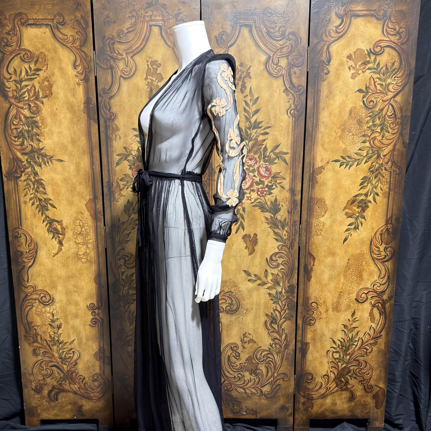 1930s Vintage dressing gown robe, Sheer black mesh lingerie housecoat