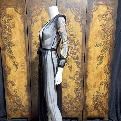 1930s Vintage dressing gown robe, Sheer black mesh lingerie housecoat