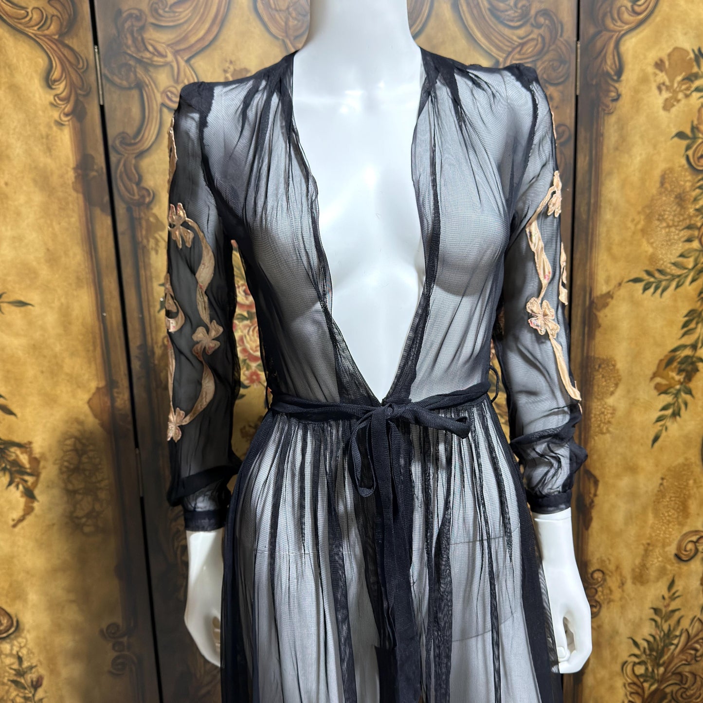 1930s Vintage dressing gown robe, Sheer black mesh lingerie housecoat