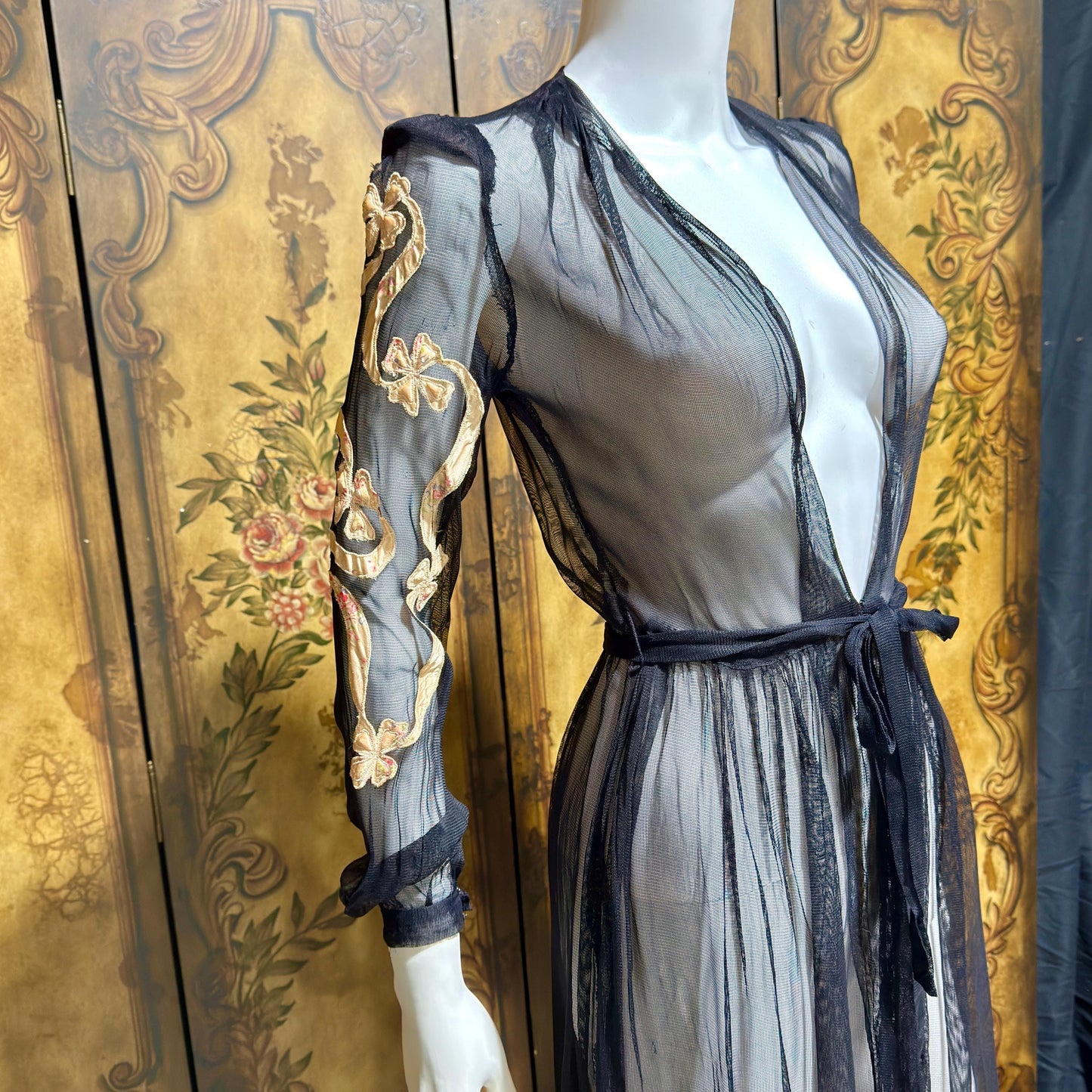 1930s Vintage dressing gown robe, Sheer black mesh lingerie housecoat