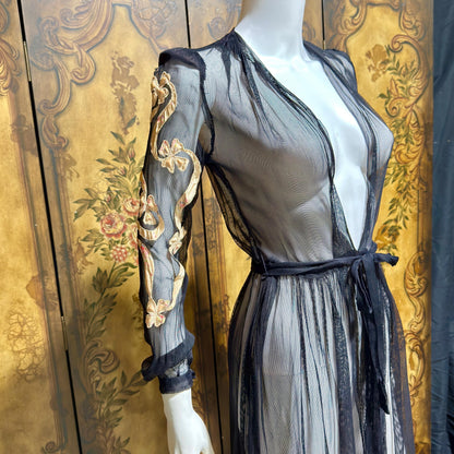 1930s Vintage dressing gown robe, Sheer black mesh lingerie housecoat