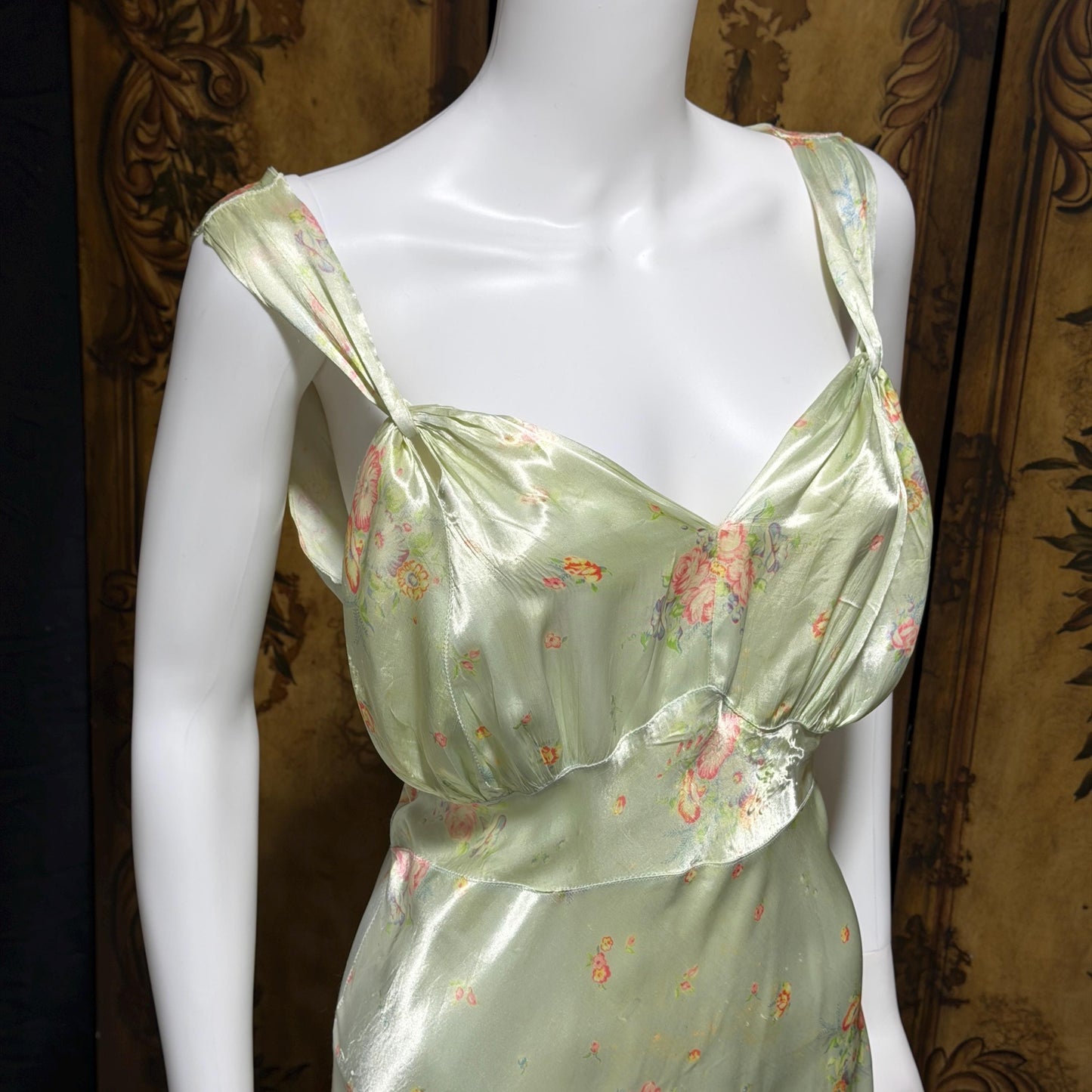 1940s vintage Nightgown slip dress, Bias Cut Green floral print Lingerie dress