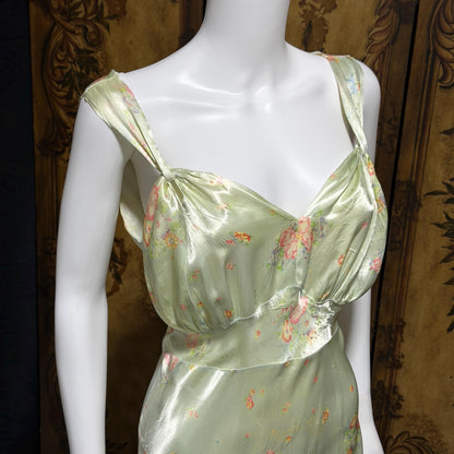 1940s vintage Nightgown slip dress, Bias Cut Green floral print Lingerie dress