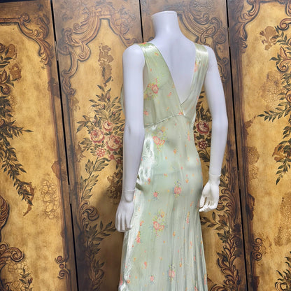 1940s vintage Nightgown slip dress, Bias Cut Green floral print Lingerie dress