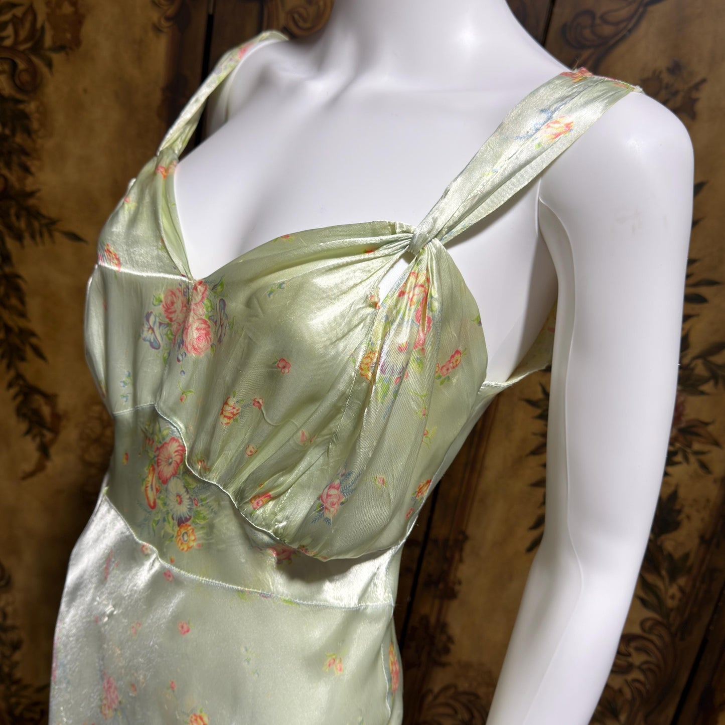 1940s vintage Nightgown slip dress, Bias Cut Green floral print Lingerie dress