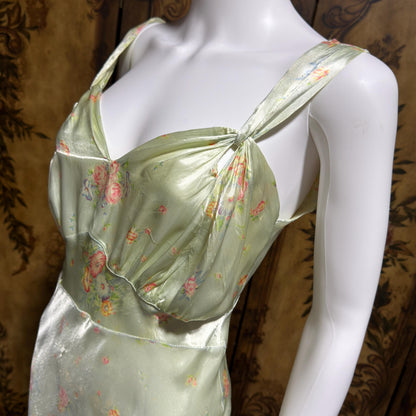 1940s vintage Nightgown slip dress, Bias Cut Green floral print Lingerie dress