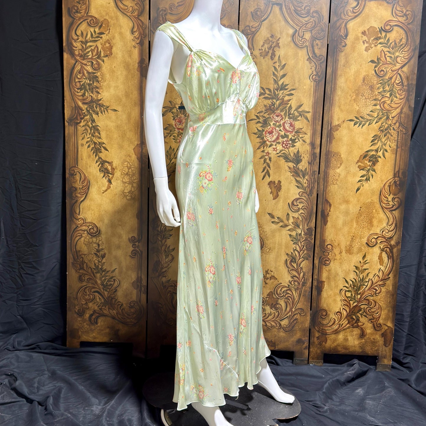 1940s vintage Nightgown slip dress, Bias Cut Green floral print Lingerie dress