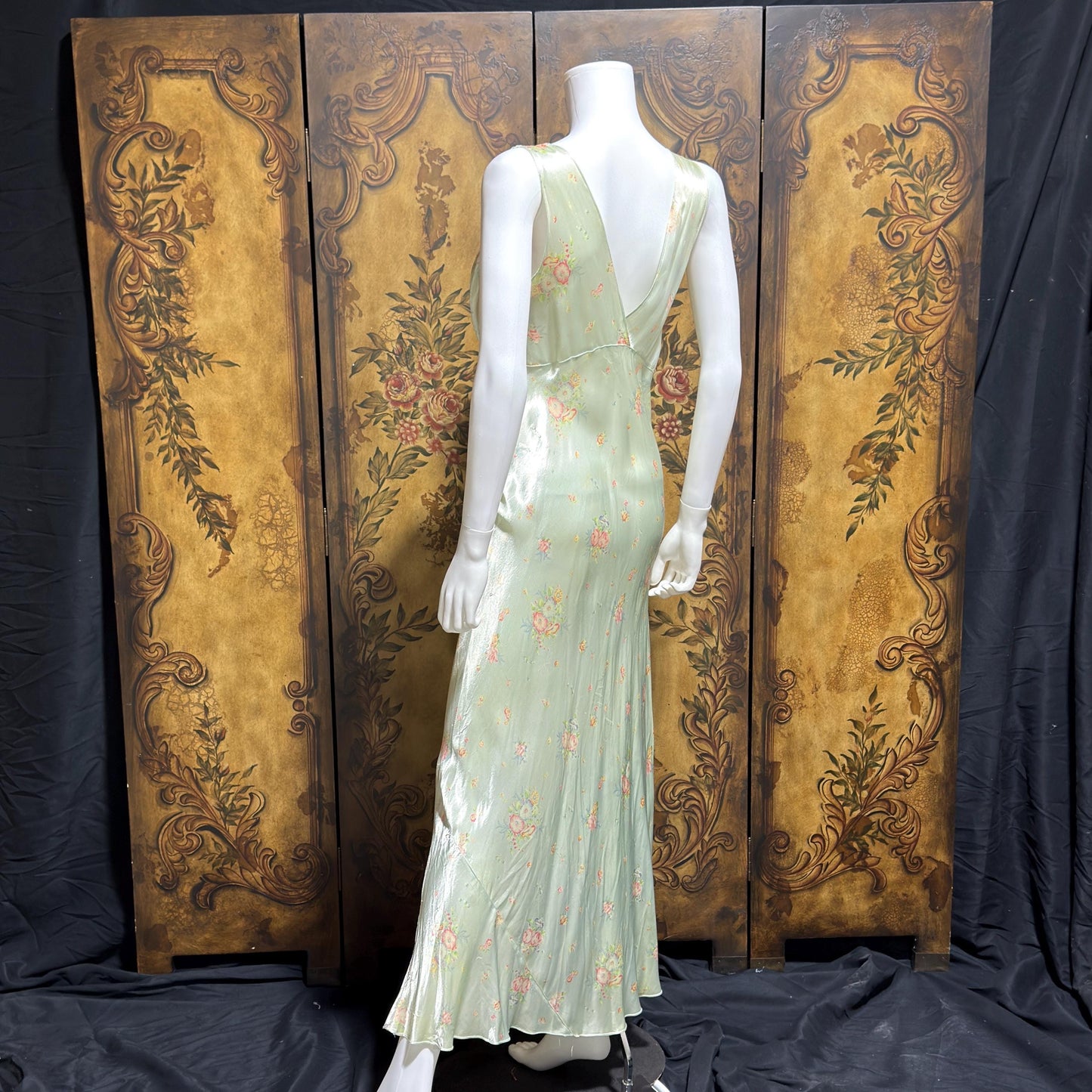 1940s vintage Nightgown slip dress, Bias Cut Green floral print Lingerie dress