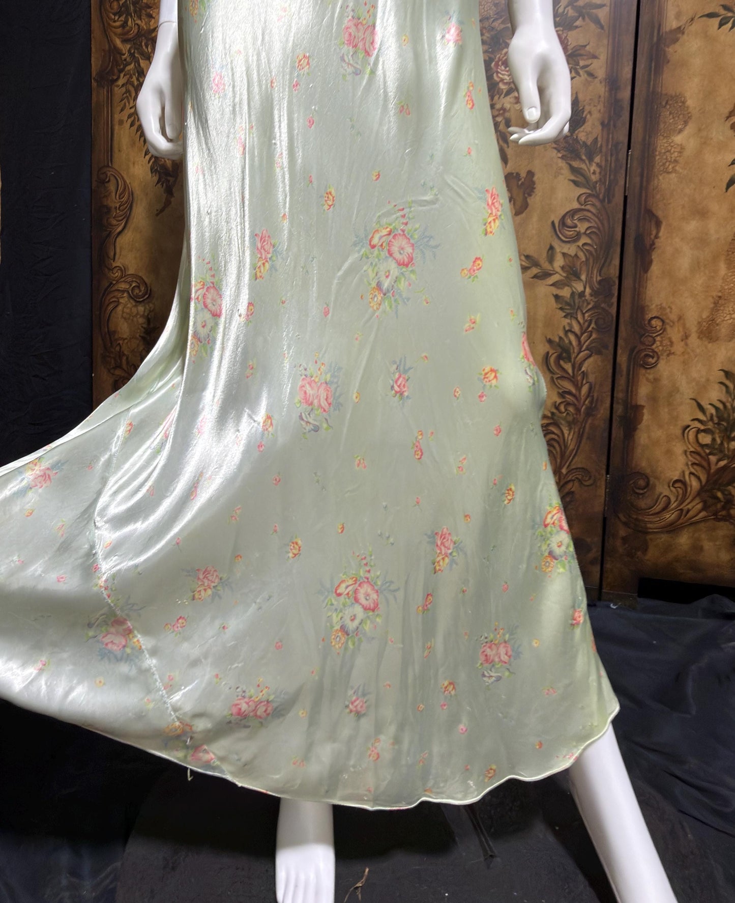 1940s vintage Nightgown slip dress, Bias Cut Green floral print Lingerie dress
