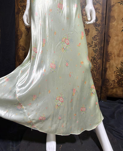 1940s vintage Nightgown slip dress, Bias Cut Green floral print Lingerie dress