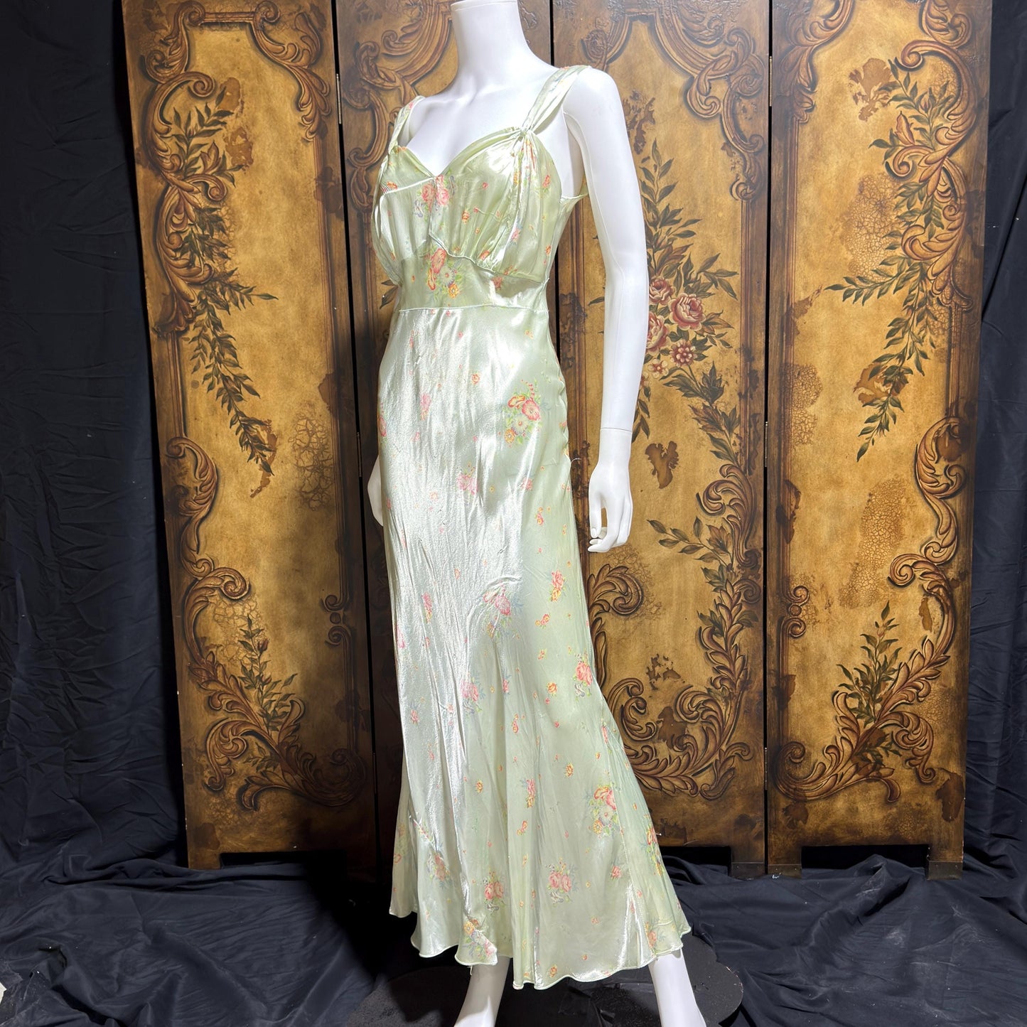 1940s vintage Nightgown slip dress, Bias Cut Green floral print Lingerie dress