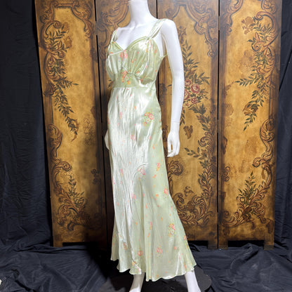1940s vintage Nightgown slip dress, Bias Cut Green floral print Lingerie dress