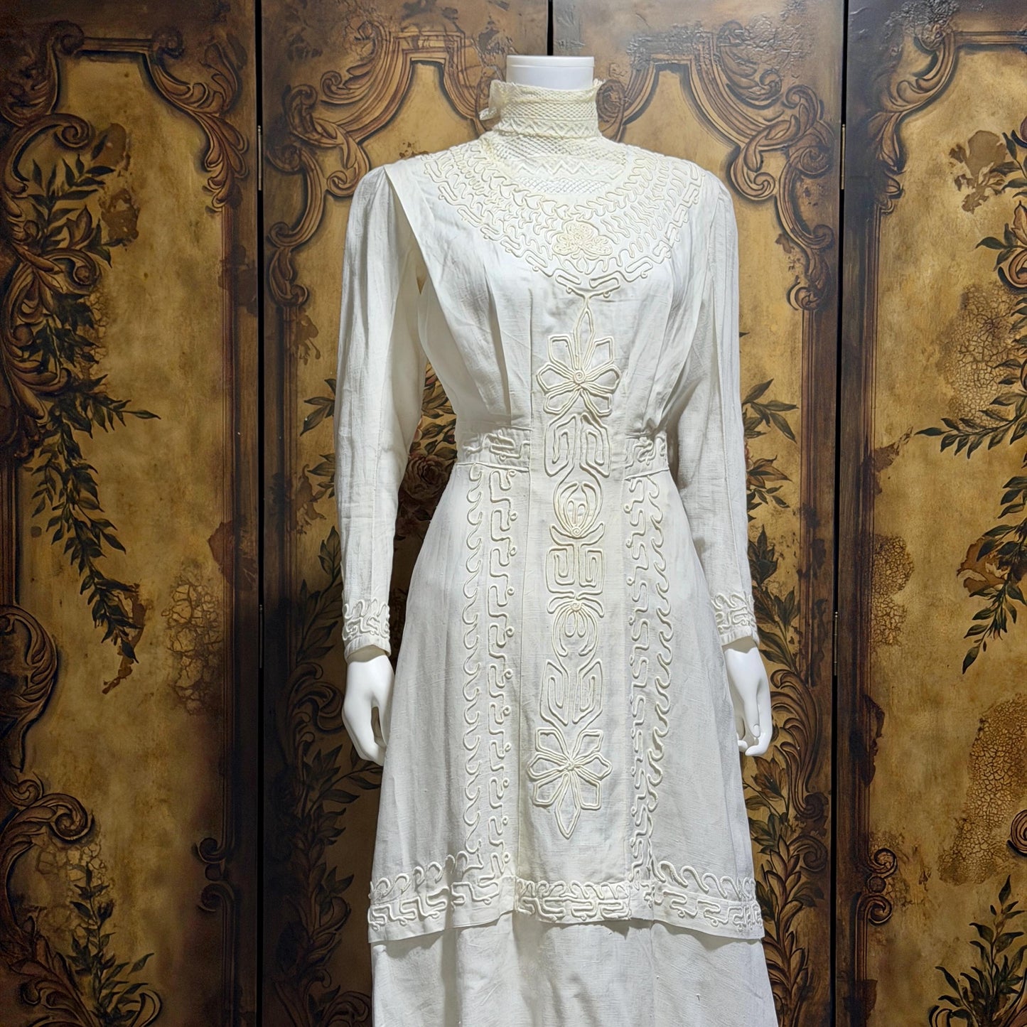 1900s Edwardian wedding dress, Vintage white cotton high neck soutache gown