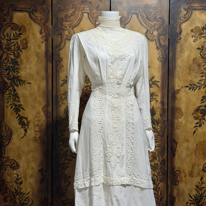 1900s Edwardian wedding dress, Vintage white cotton high neck soutache gown