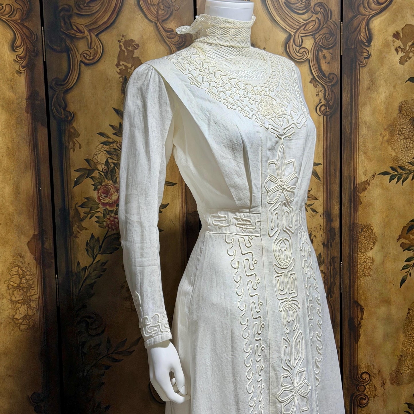 1900s Edwardian wedding dress, Vintage white cotton high neck soutache gown