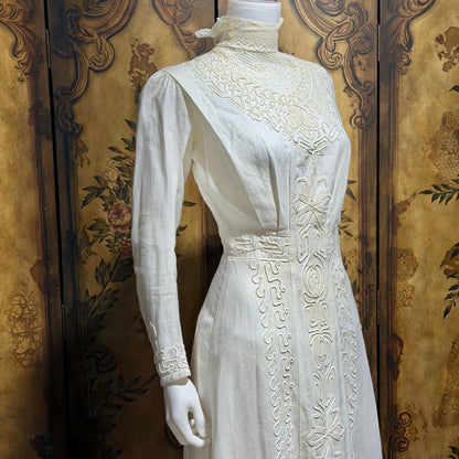 1900s Edwardian wedding dress, Vintage white cotton high neck soutache gown