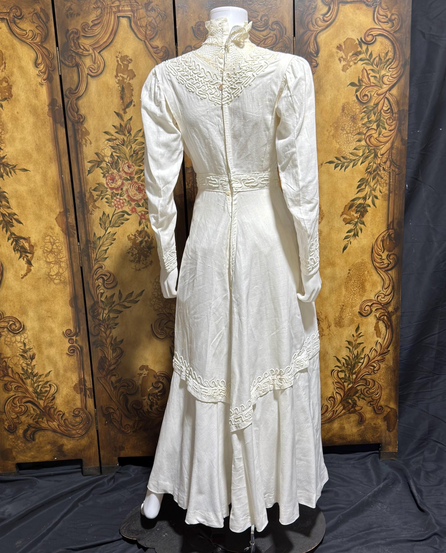 1900s Edwardian wedding dress, Vintage white cotton high neck soutache gown