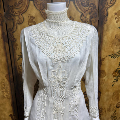 1900s Edwardian wedding dress, Vintage white cotton high neck soutache gown