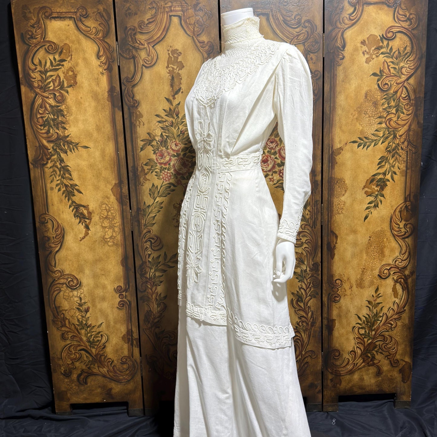 1900s Edwardian wedding dress, Vintage white cotton high neck soutache gown