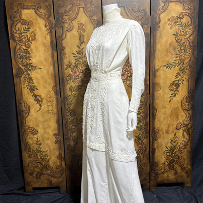 1900s Edwardian wedding dress, Vintage white cotton high neck soutache gown