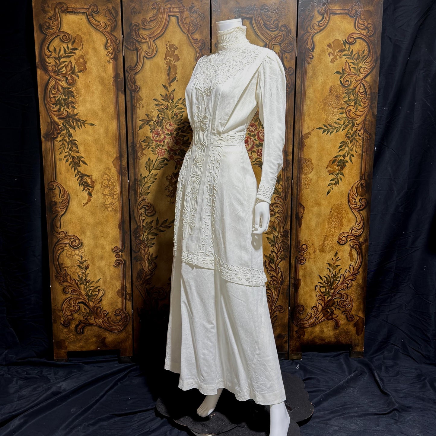 1900s Edwardian wedding dress, Vintage white cotton high neck soutache gown