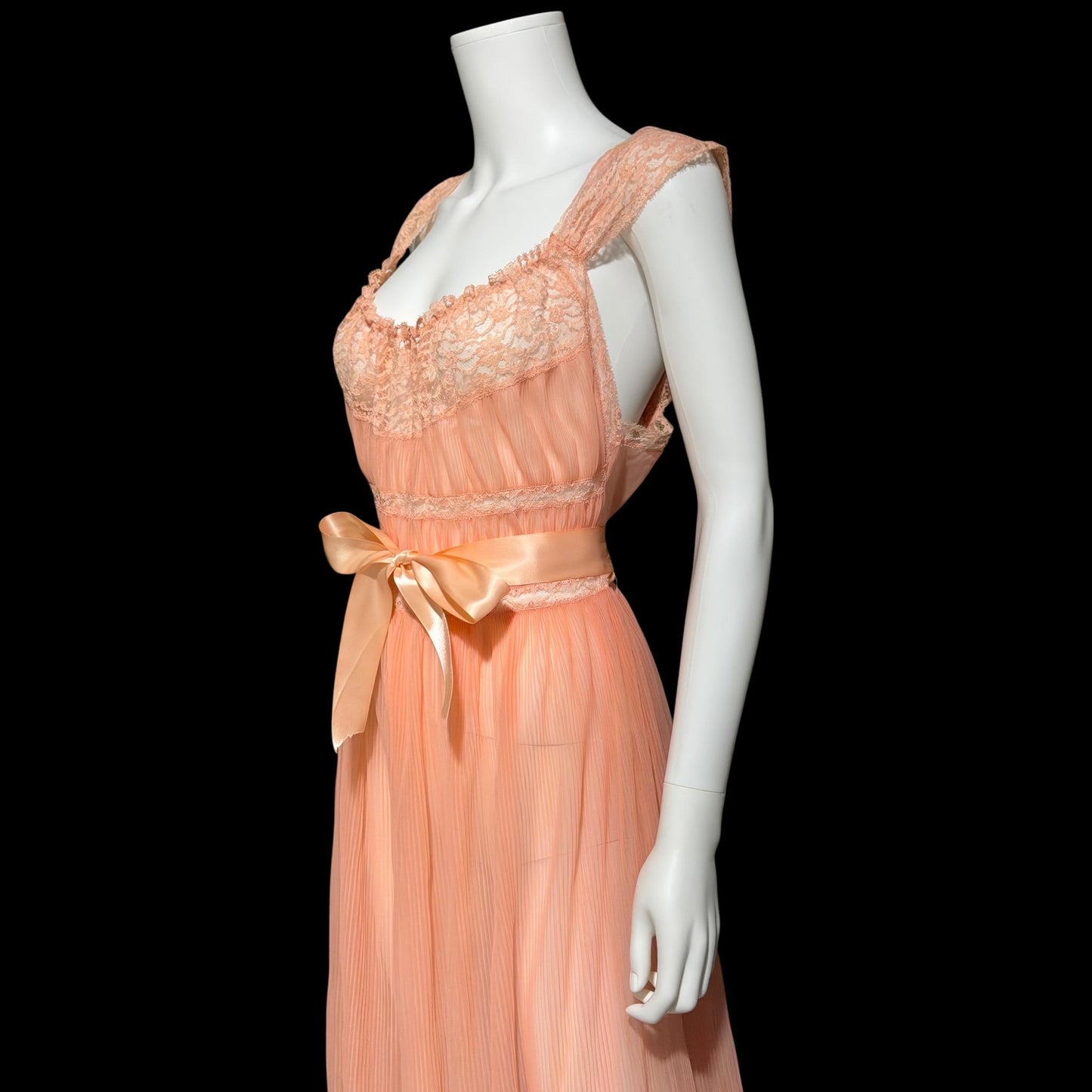 LADY DUFF vintage 1940s Nightgown slip dress, Micro pleat peach nylon sheer lingerie gown