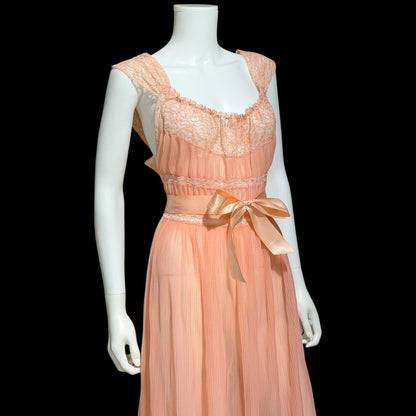LADY DUFF vintage 1940s Nightgown slip dress, Micro pleat peach nylon sheer lingerie gown