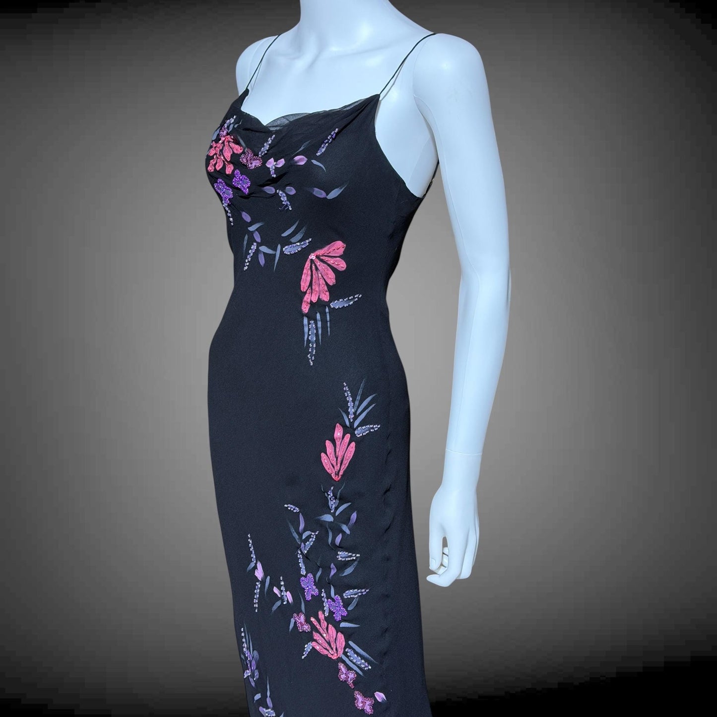 BETSEY JOHNSON vintage evening dress gown, 1990s designer black beaded bias cut slip dress