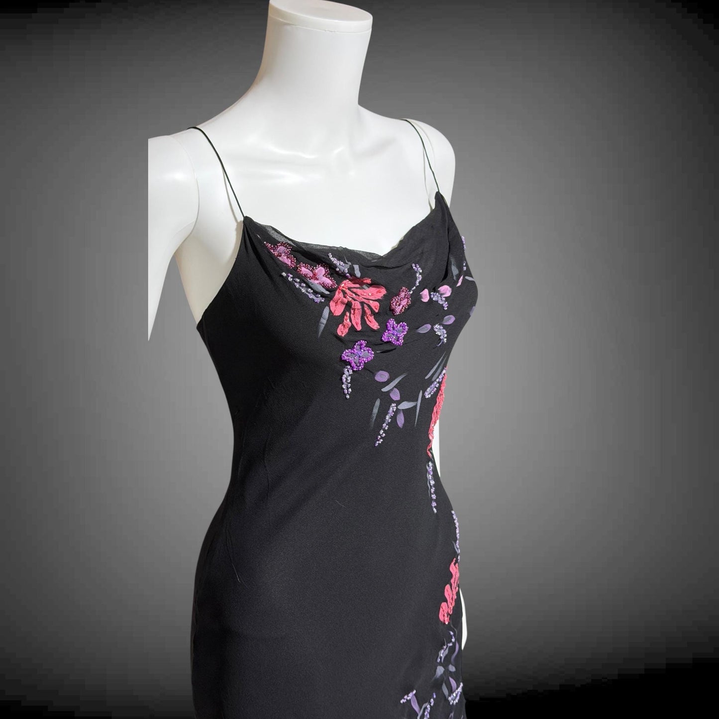 BETSEY JOHNSON vintage evening dress gown, 1990s designer black beaded bias cut slip dress