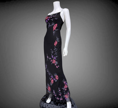 BETSEY JOHNSON vintage evening dress gown, 1990s designer black beaded bias cut slip dress