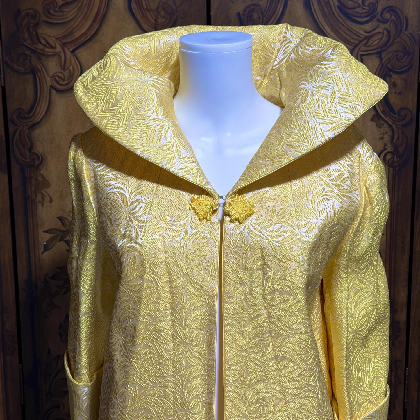MARTYS Vintage 1950s evening swing coat, Yellow silk jacquard Easter Spring Dress coat