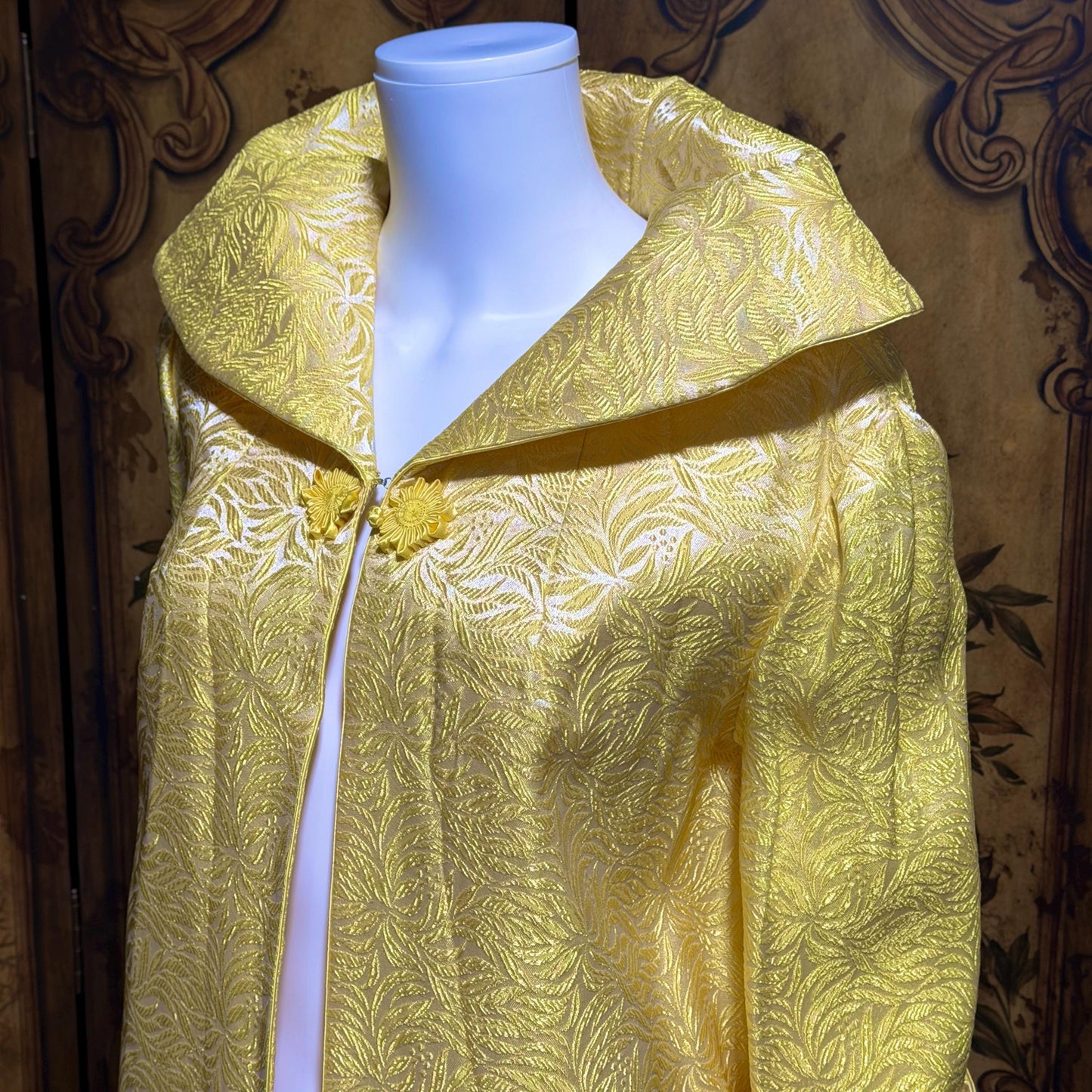 MARTYS Vintage 1950s evening swing coat, Yellow silk jacquard Easter Spring Dress coat