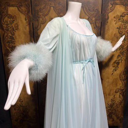 LUCIE ANN Claire Sandra peignoir set, vintage 1960s frothy blue marabou lingerie gown