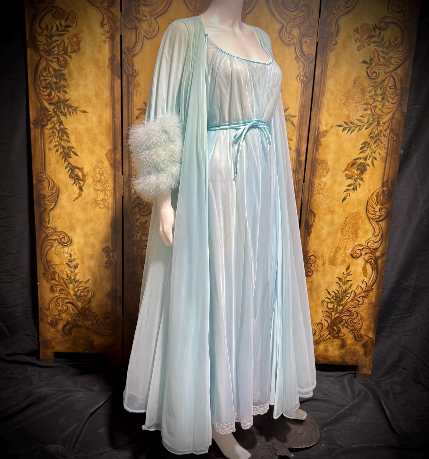LUCIE ANN Claire Sandra peignoir set, vintage 1960s frothy blue marabou lingerie gown