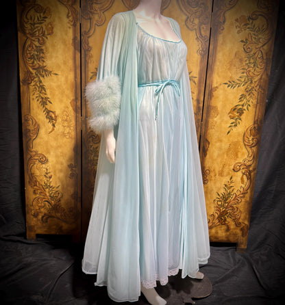 LUCIE ANN Claire Sandra peignoir set, vintage 1960s frothy blue marabou lingerie gown