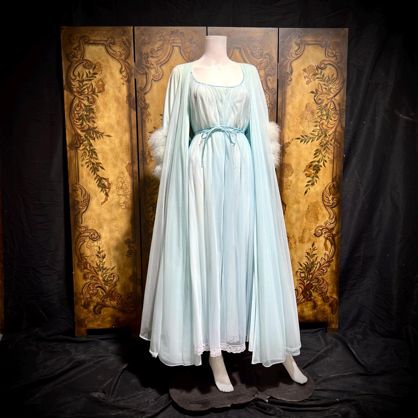 LUCIE ANN Claire Sandra peignoir set, vintage 1960s frothy blue marabou lingerie gown