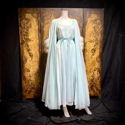 LUCIE ANN Claire Sandra peignoir set, vintage 1960s frothy blue marabou lingerie gown
